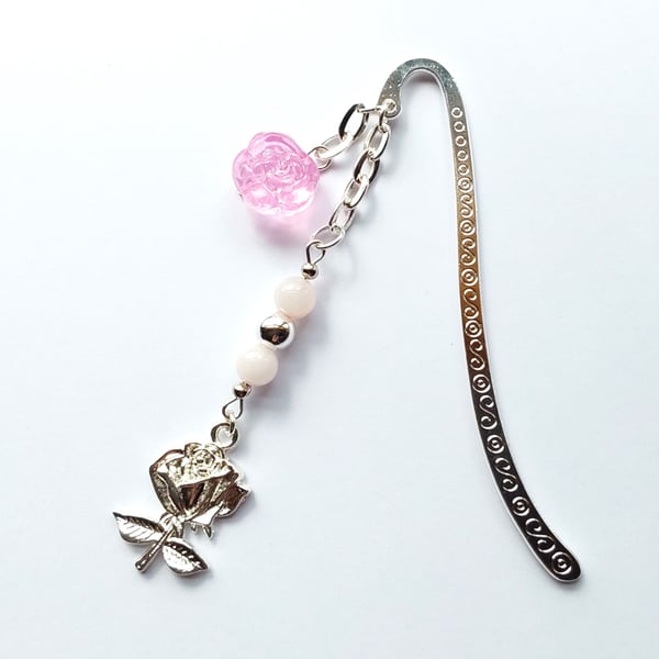 Flower Bookmark Rose Quartz Glass Flower and Metal Rose Charm