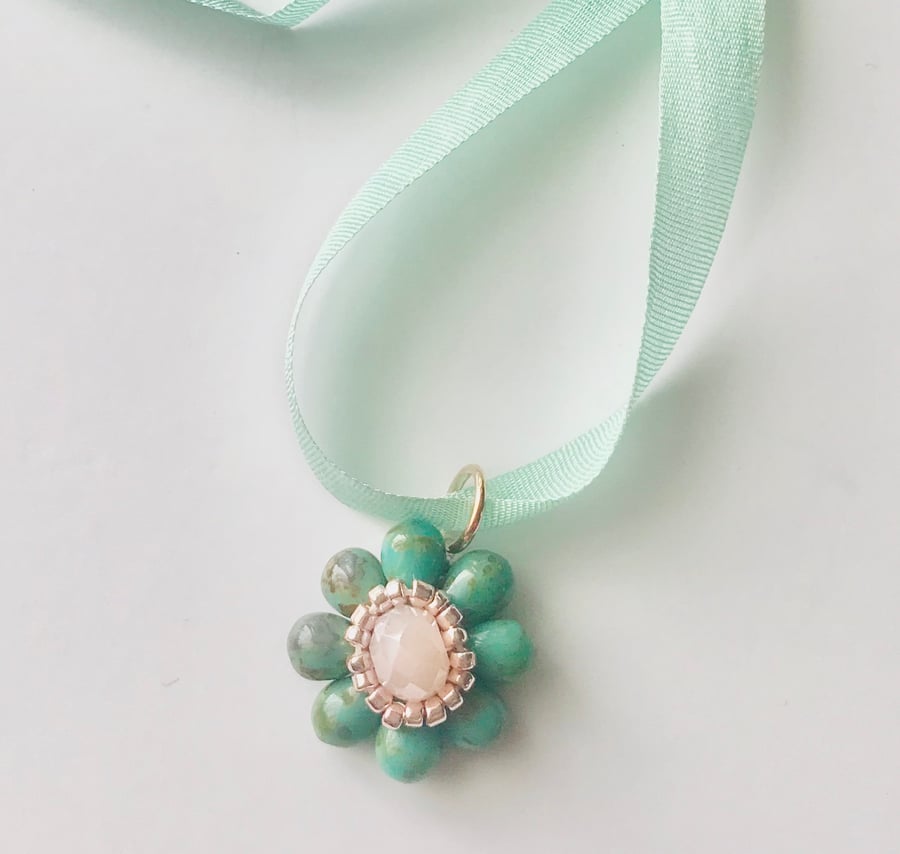 Beaded Flower Pendant- Silk Ribbon Necklace, Choker 