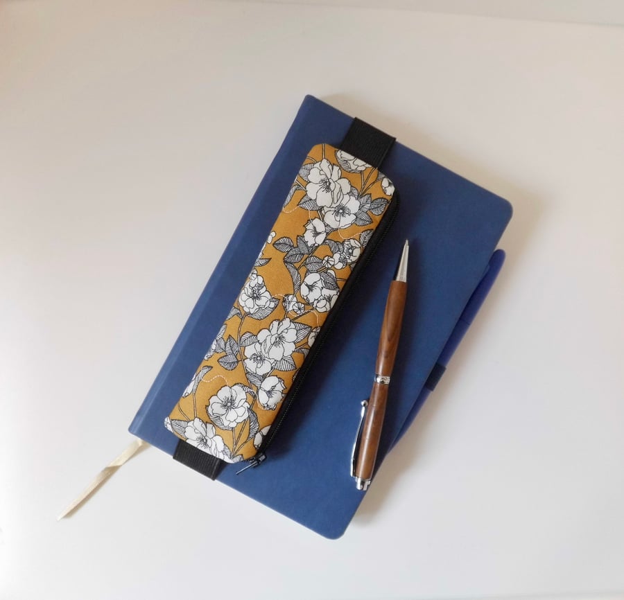  Pencil case for cover of book diary journal mustard and black floral fabric