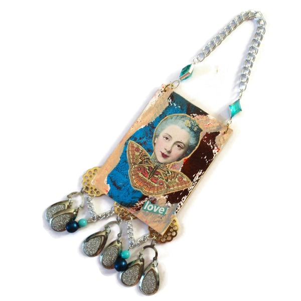 Vintage Style LOVE Inspirational Art Beaded Assemblage Woman & Butterfly