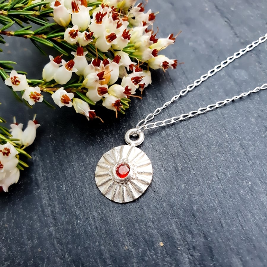 Recycled Fine Silver Daisy Pendant with Garnet Cubic Zirconia