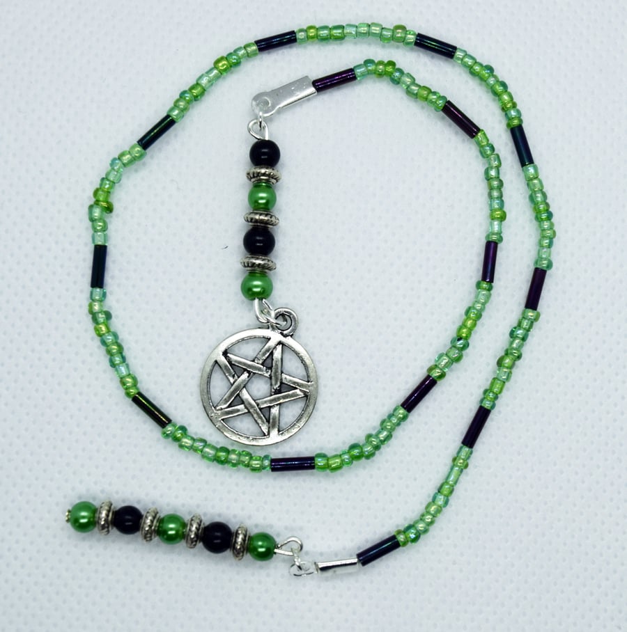 Pentagram Charm Iridescent Green and Black Glass Bead Bookmark