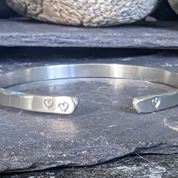 Heart Bangle, Recycled Sterling Silver, Hand Stamped