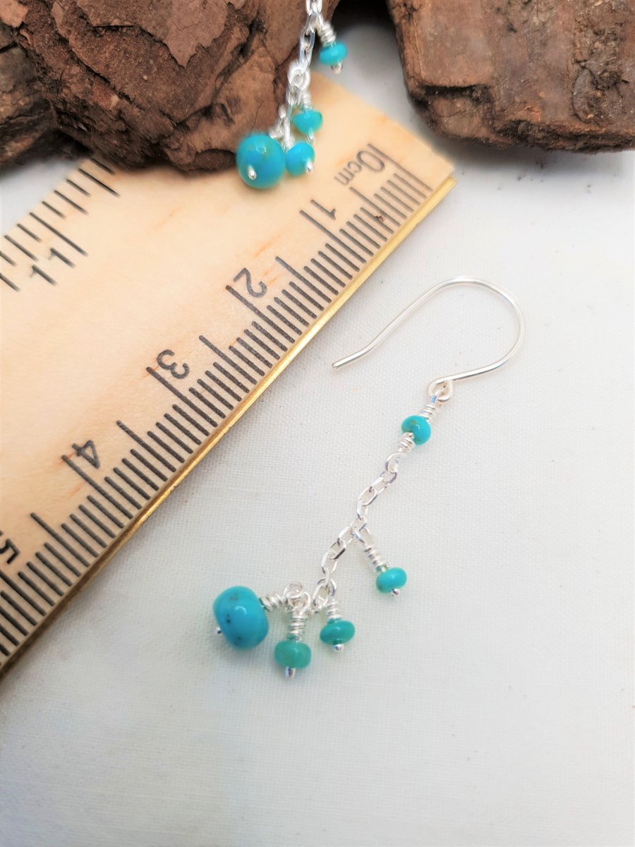 Natural Turquoise Beaded Silver Earrings, Sterling Silver Chain Earrings
