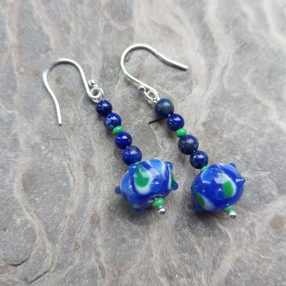 Blue and Green Dangle Earrings with Sodalite and Lampwork Beads