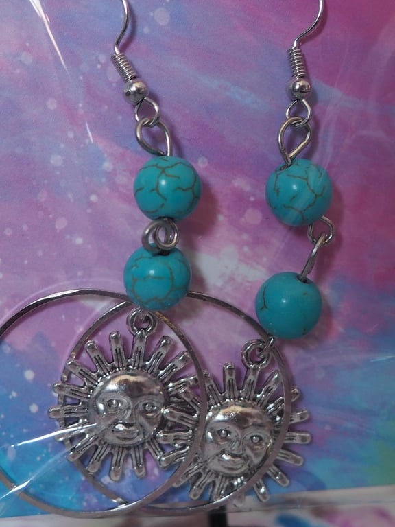 Turquoise Beaded Dangle Earrings Sun Charms and Two Beads