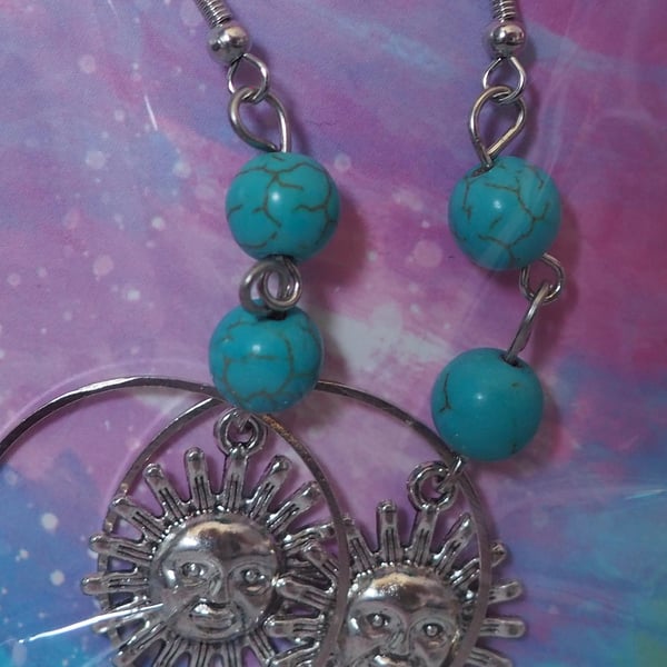 Turquoise Beaded Dangle Earrings Sun Charms and Two Beads