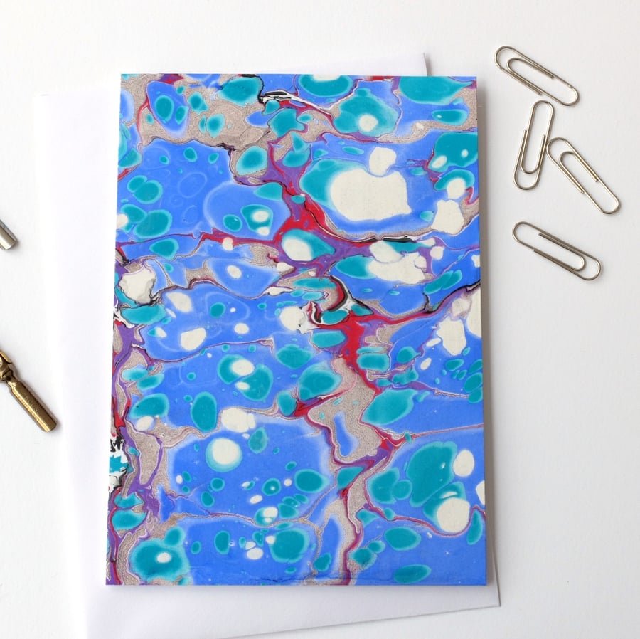 Unique marbled paper art greetings card metallic stone pattern
