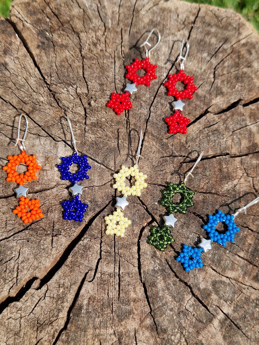 Colourful beaded sun and star dangle earrings