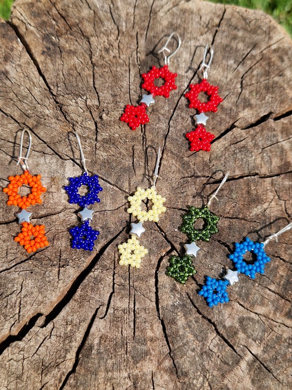 Colourful beaded sun and star dangle earrings