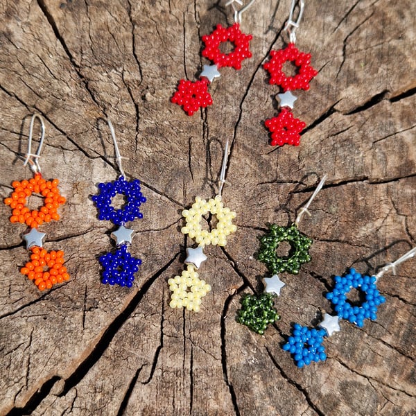 Colourful beaded sun and star dangle earrings