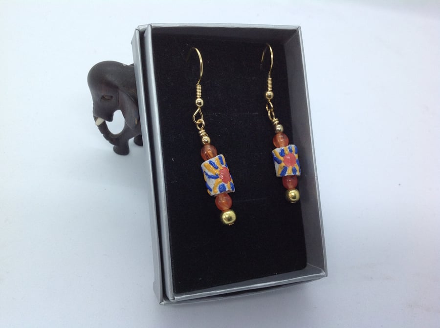 White earrings with modern African glass trade beads 