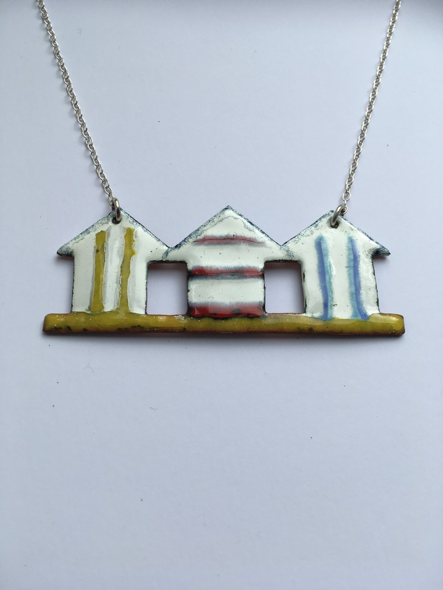 Hand Enamelled Triple Beach Hut Necklace  