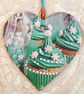 Christmas Decoration Ornament: Decoupaged Wooden Heart 15cm (6") Snowflake Cake