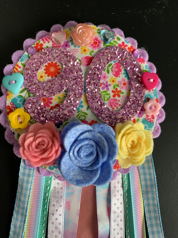 Birthday badge-Rosette Personalised - Pastel flowers - 90th- female