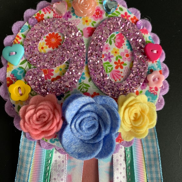 Birthday badge-Rosette Personalised - Pastel flowers - 90th- female