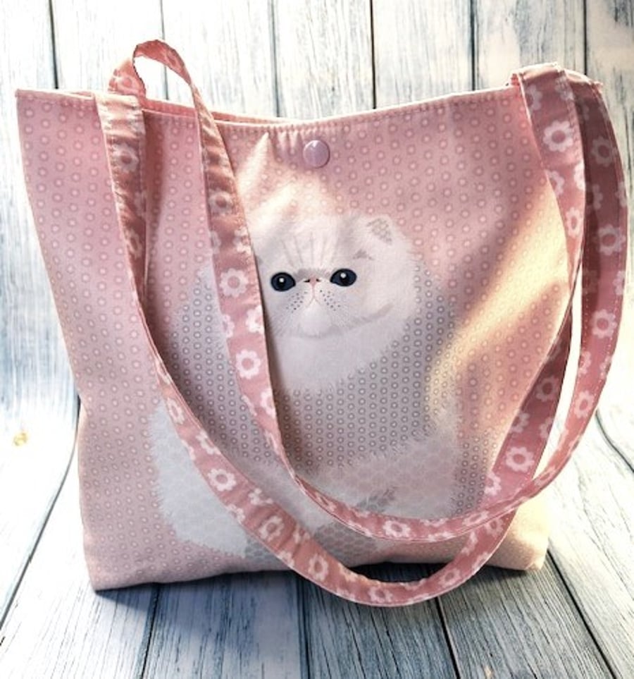 White Cat on Pink Small Tote Bag