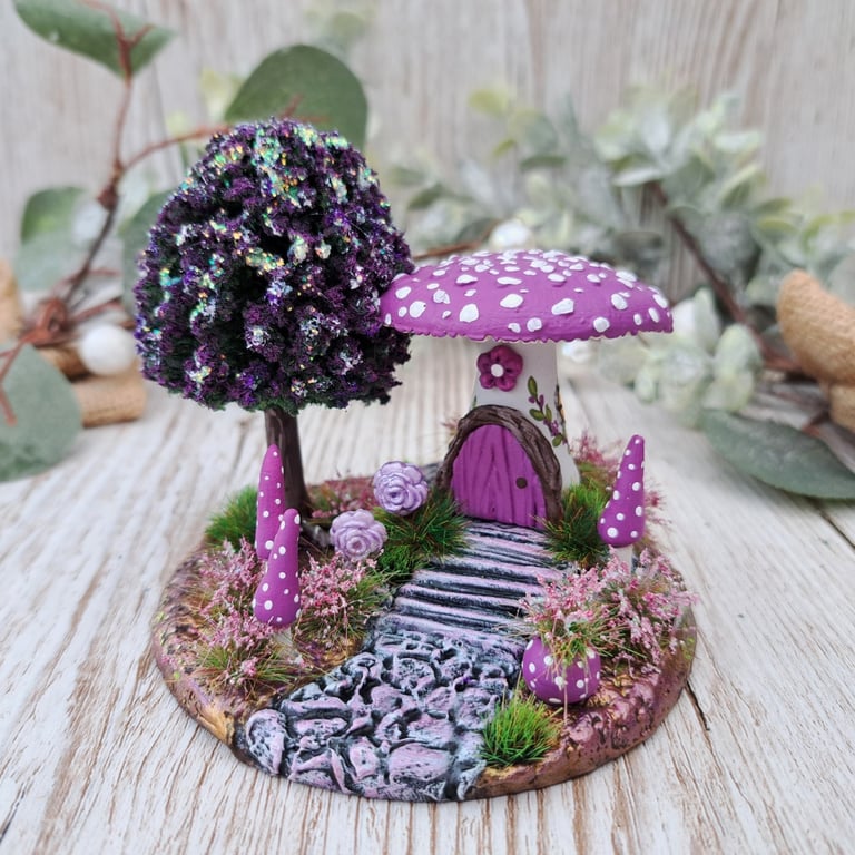 Miniature Mushroom Fairy House - Purple