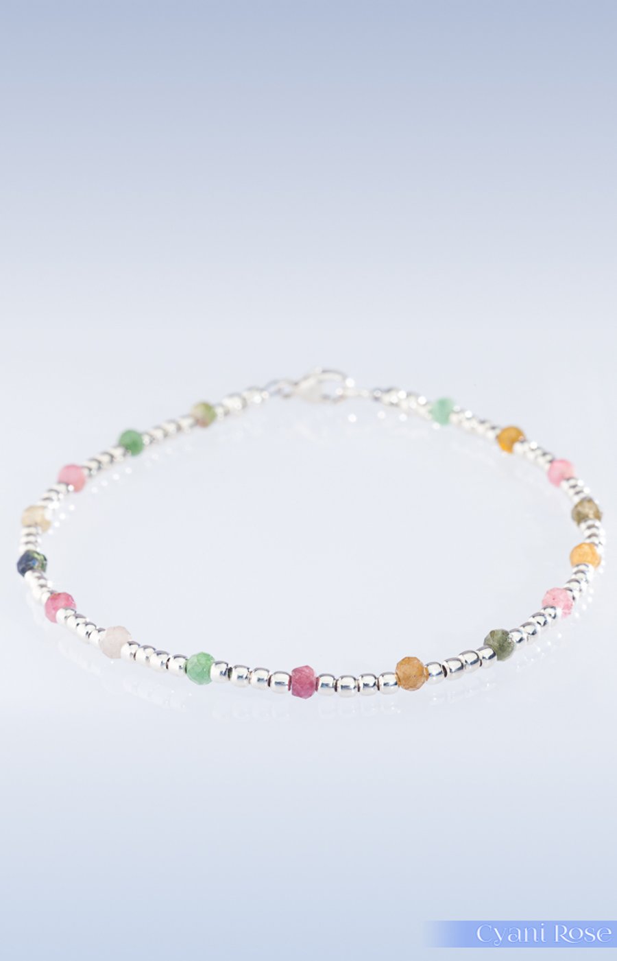 Semi precious Multi-Tourmaline and Sterling Silver dainty bracelet AA grade