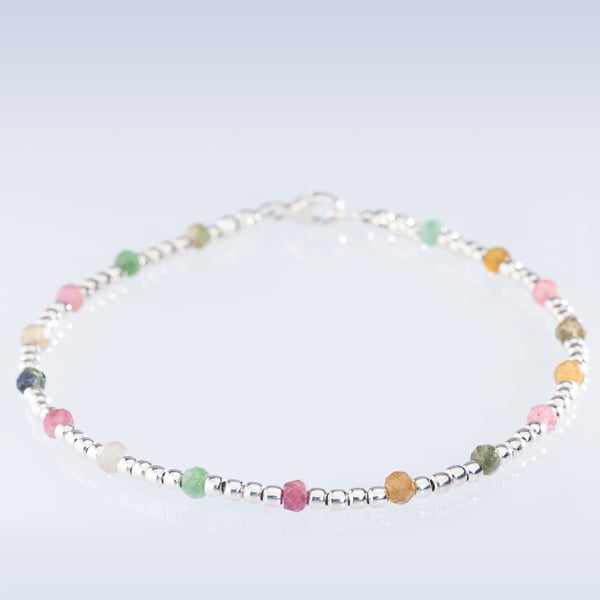 Semi precious Multi-Tourmaline and Sterling Silver dainty bracelet AA grade