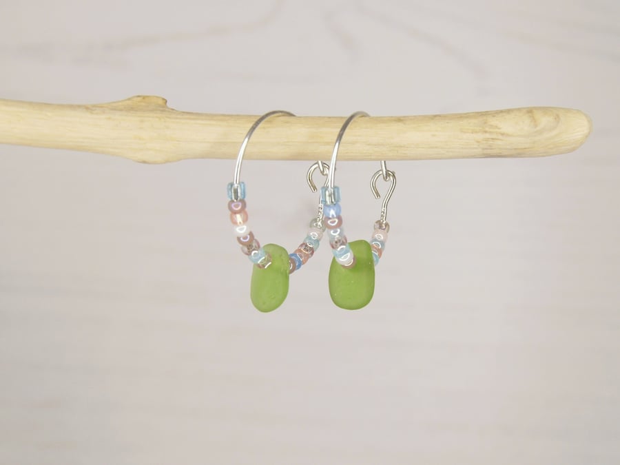 Cornish Sea Glass with Pastel Seed Beads on Sterling Silver 18mm Hoops - Green