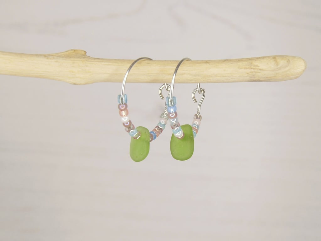 Cornish Sea Glass with Pastel Seed Beads on Sterling Silver 18mm Hoops - Green