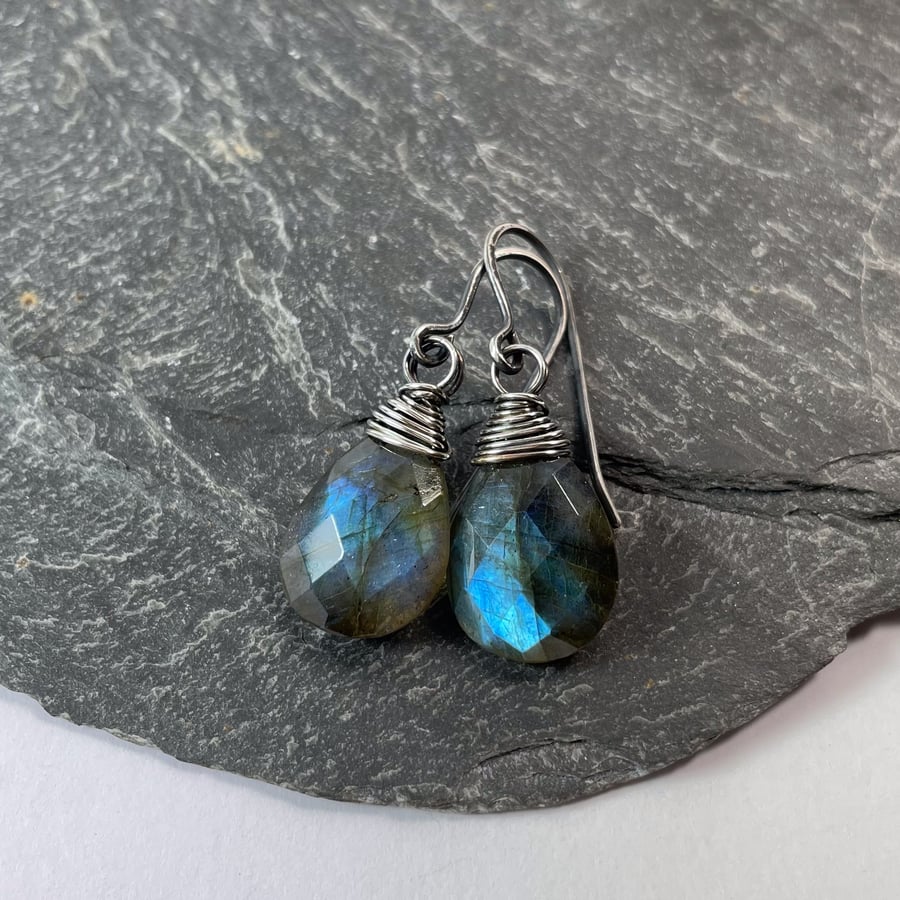 Labradorite and oxidised silver wire wrapped earrings 