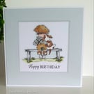 Male Birthday card with boy hugging or walking his dog