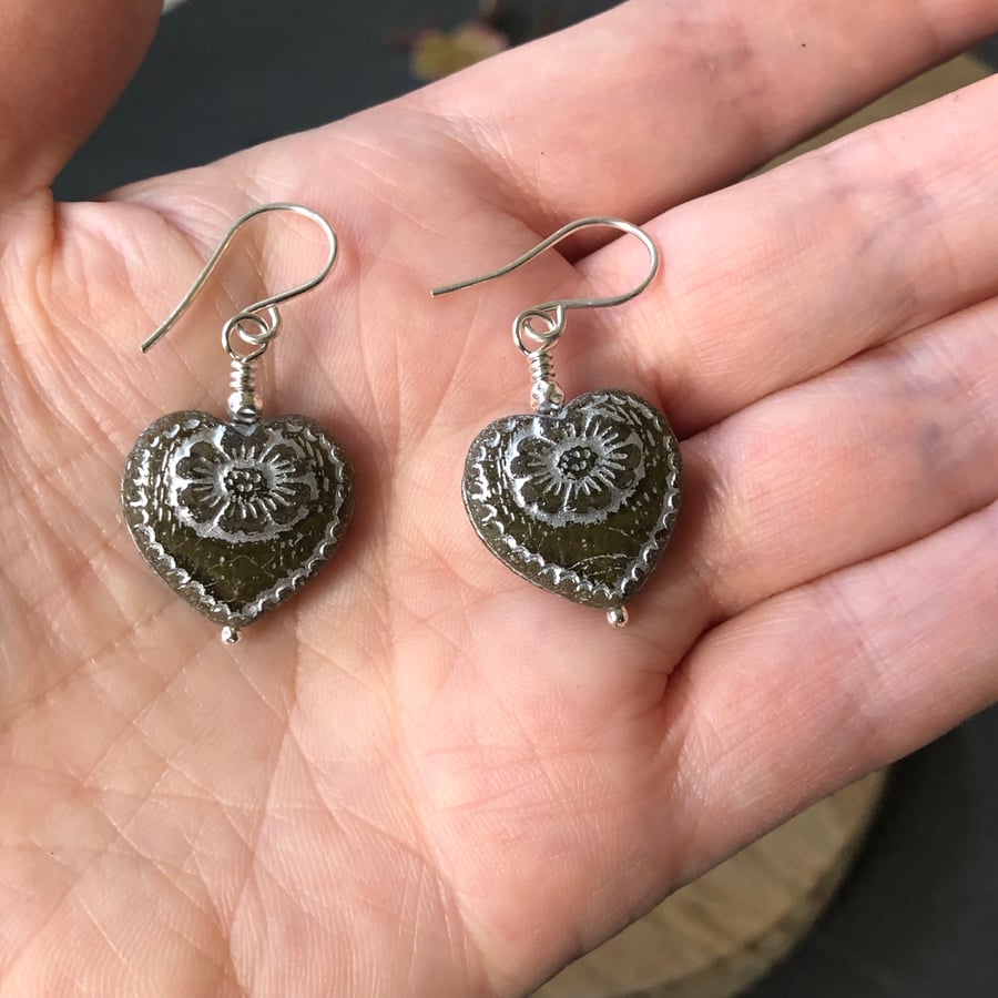 Boho Dark Heart Earrings. Black Czech Glass Heart Earrings. Sterling Silver