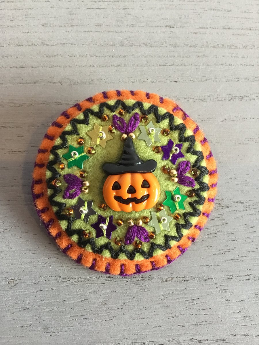 Hand Embroidered Pumpkin Witch Brooch