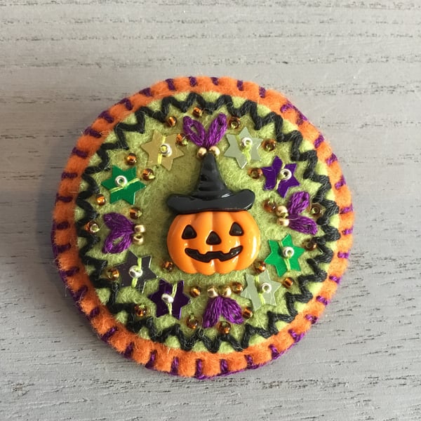 Hand Embroidered Pumpkin Witch Brooch