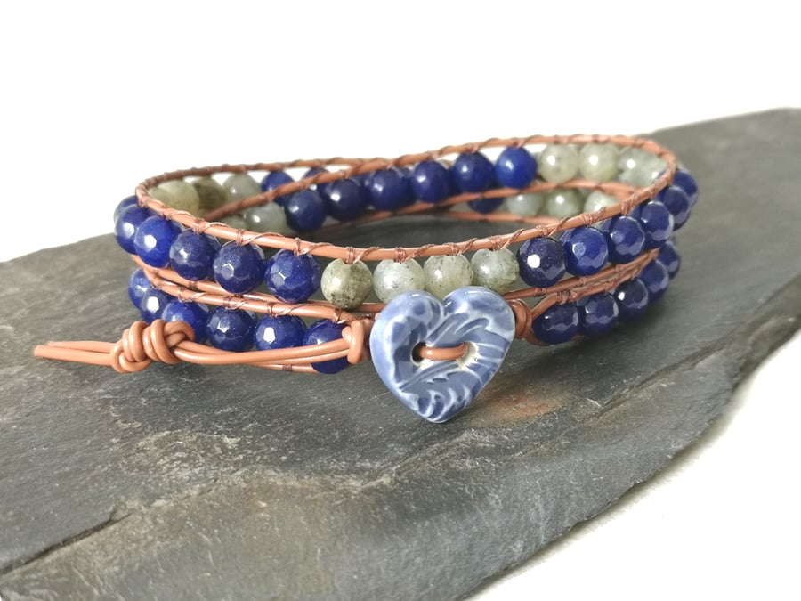 Labradorite and blue agate faux leather wrap bracelet with ceramic button 
