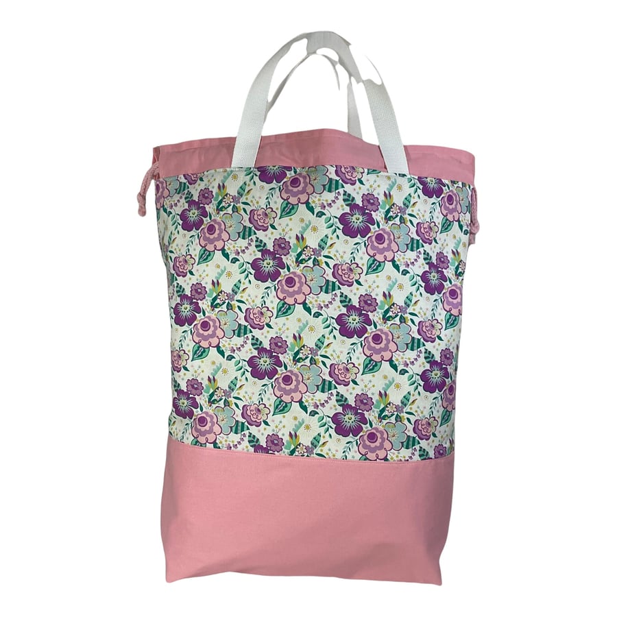 XXL drawstring knitting bag with Liberty fabric floral print, supersized multi p