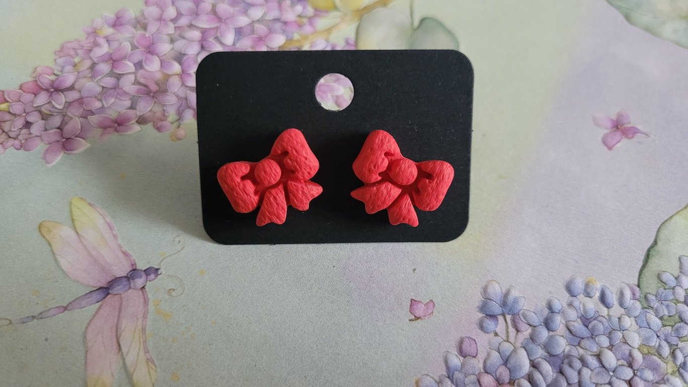 Handmade Polymer Clay Red Bow Stud Earrings, 316 Surgical Stainless Steel