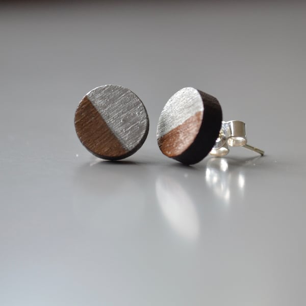 Wooden Circle Ear Studs Wood Earring with Half Silver Leaf