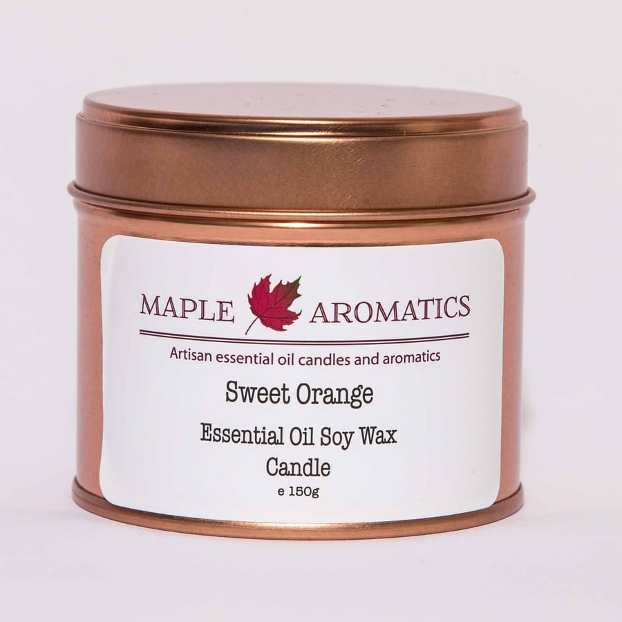 Maple Aromatics Sweet Orange Essential Oil and Soy Wax Rose Gold 150g Candle Tin