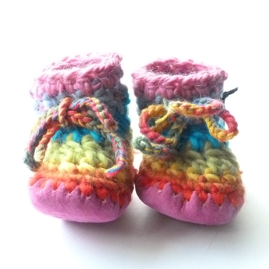 Wool & leather baby boots - Rainbow stripe, pink - 6-12 months