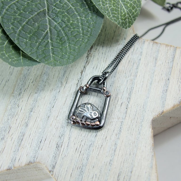 Bird Necklace, Sterling Silver and Copper Quirky Pendant