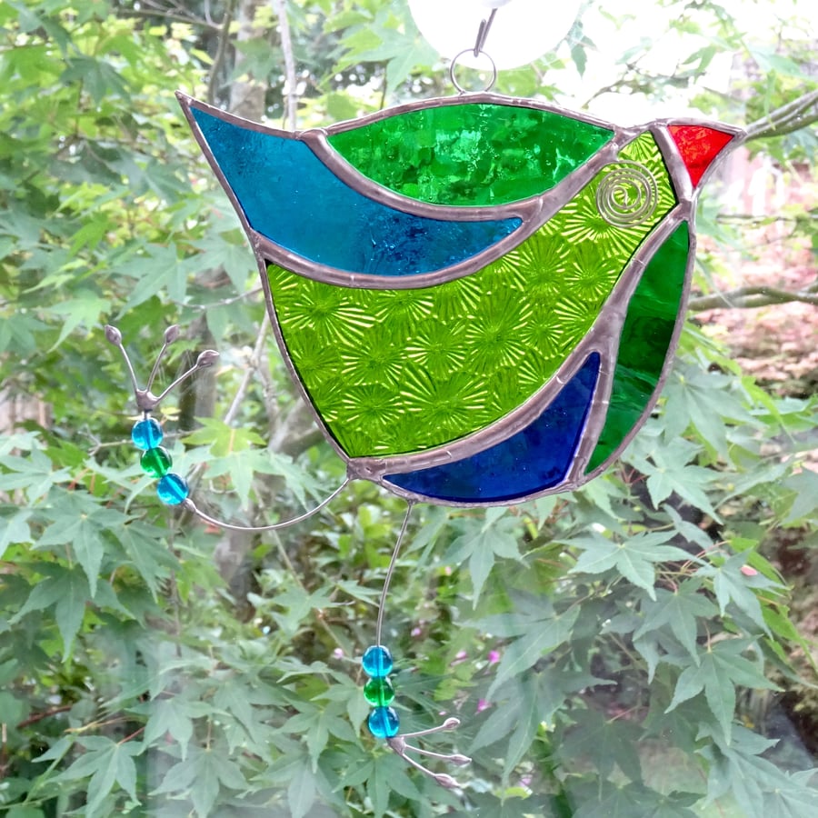 Stained Glass Funky Bird Suncatcher  - Handmade Decoration - Green and Blue