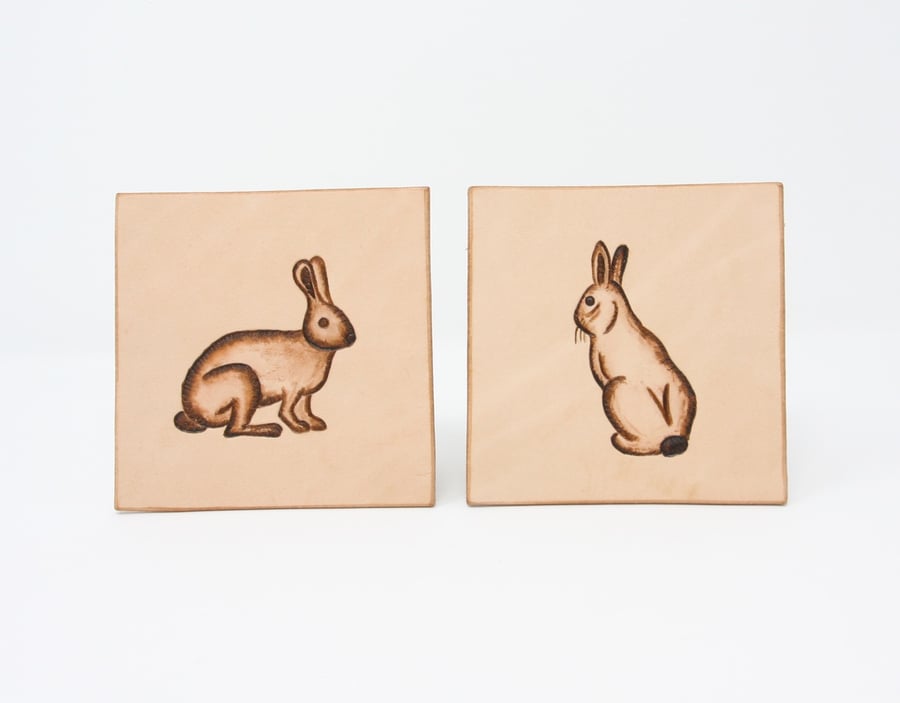 Set of two leather bunny rabbit coasters