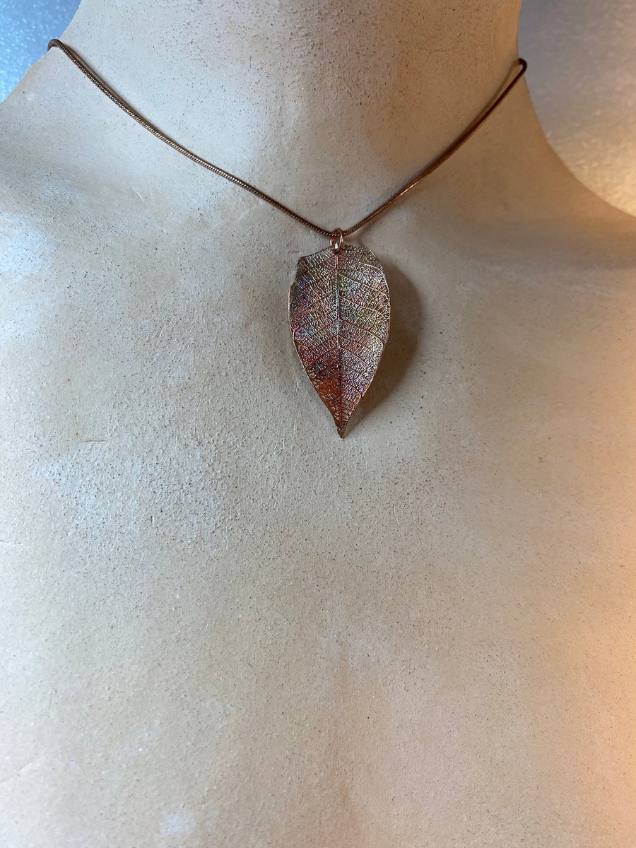 Copper leaf pendant with rainbow patina