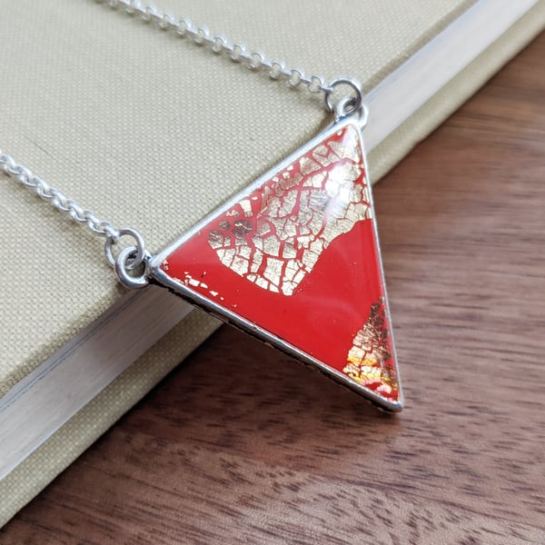 SALE Red and gold triangle pendant on nickel free silver plated chain