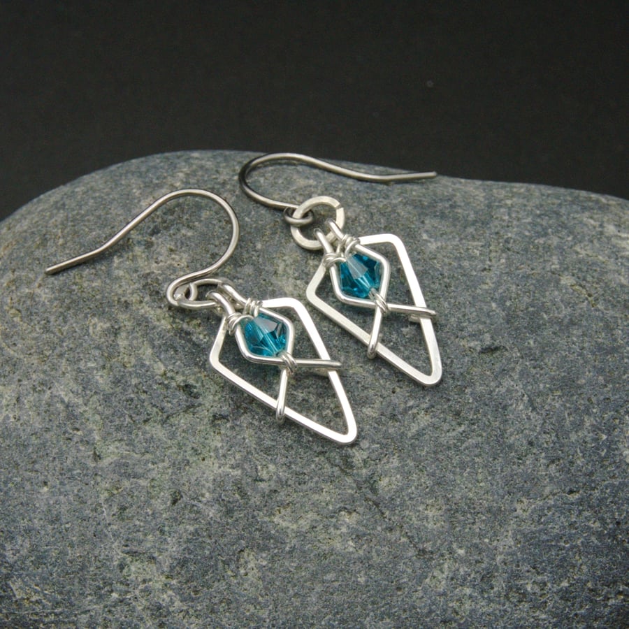 Hammered Sterling Silver Arrowhead Earrings with Turquoise Glass Faceted Beads
