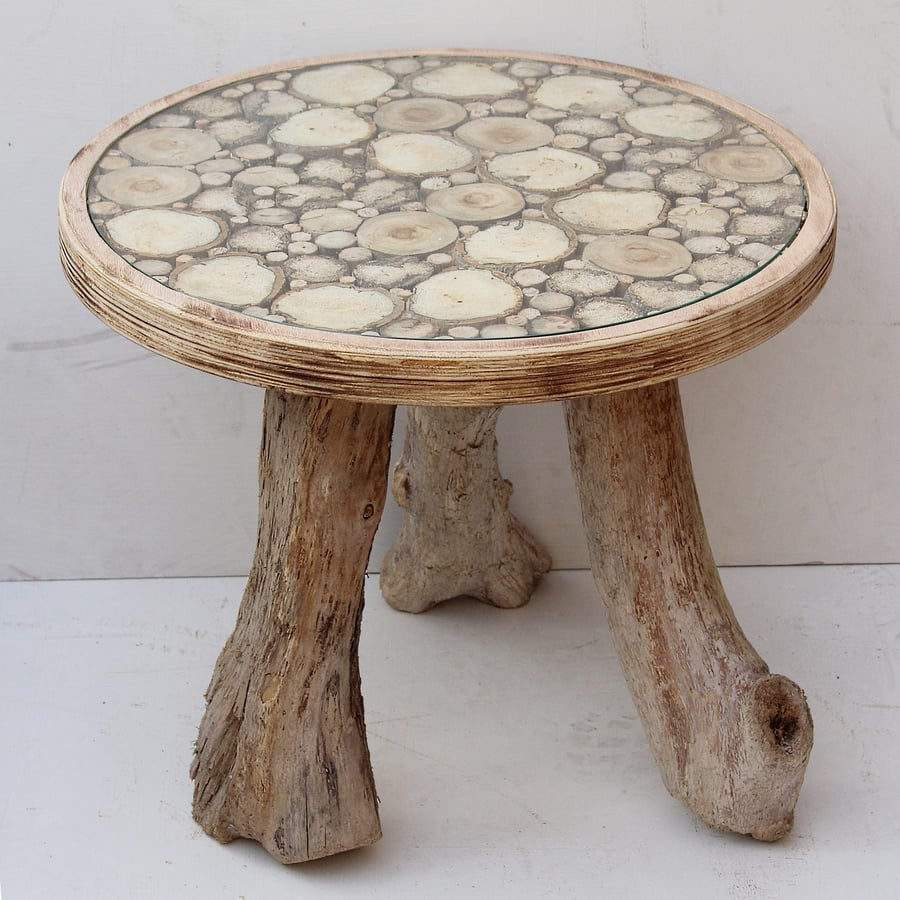 Round Driftwood Coffee Table, Glass Top Driftwood Coffee table, Drift Wood Table