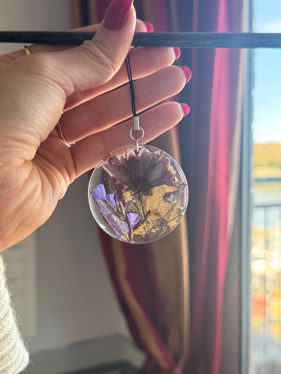 Pressed Flower and Gold Leaf Phone or Bag Chain