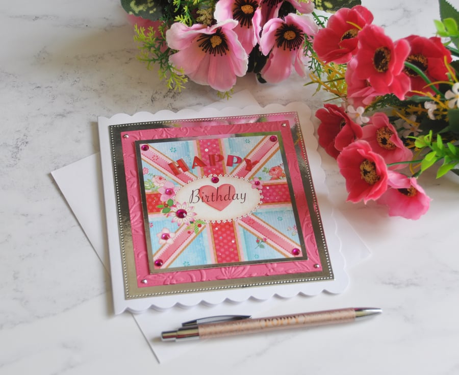 3D Luxury Handmade Happy Birthday Card Heart Flowers Union Flag