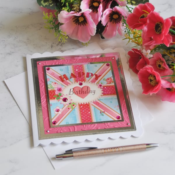 3D Luxury Handmade Happy Birthday Card Heart Flowers Union Flag