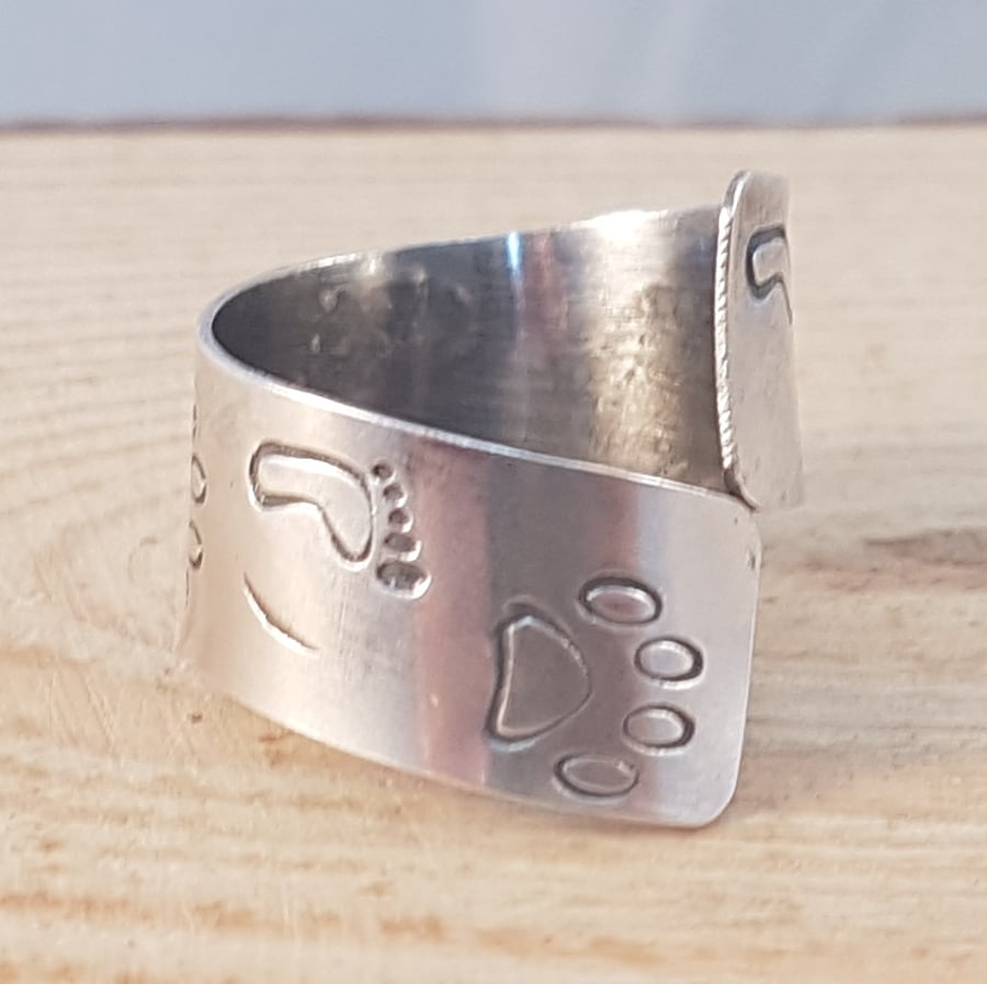 Sterling Silver Stamped Foot and Paw Print Cross Over Adjustable Ring