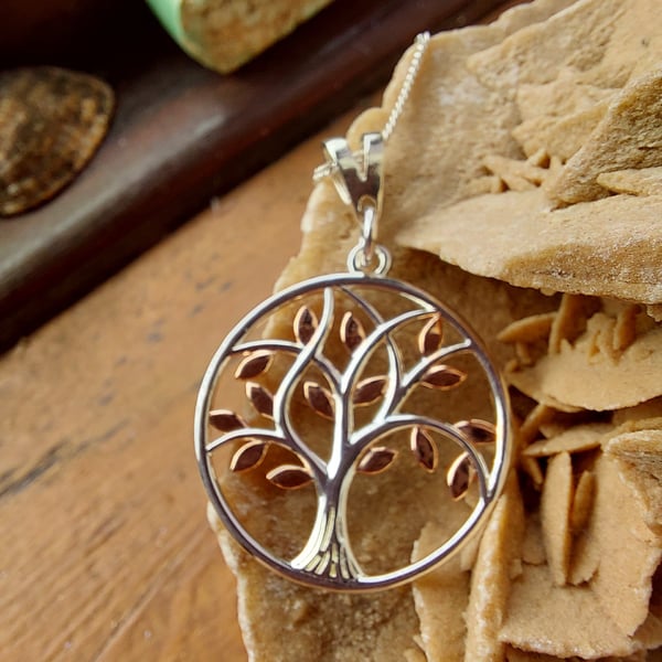 Sterling Silver and Rose Gold Tree of Life Necklace