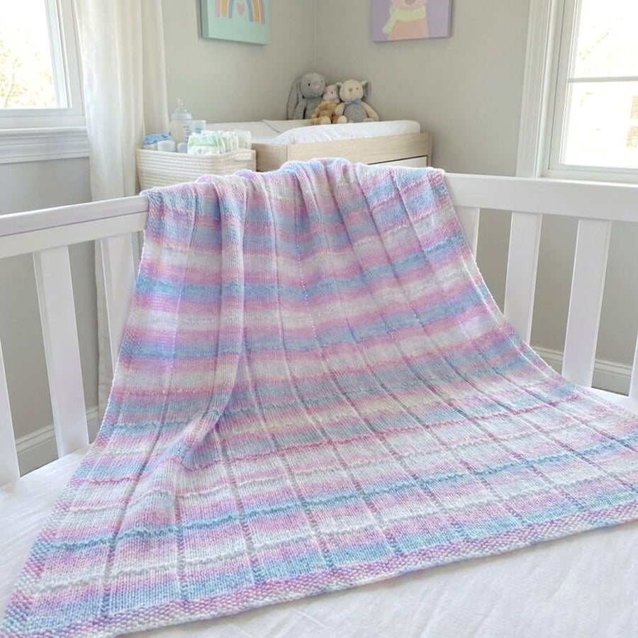 Hand Knitted Pastel Baby Blanket Soft Striped Cot Pram Newborn Gift